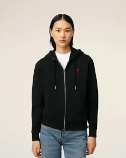 Ami Paris Cotton Ami de Coeur Zipped Hoodie BLACK New