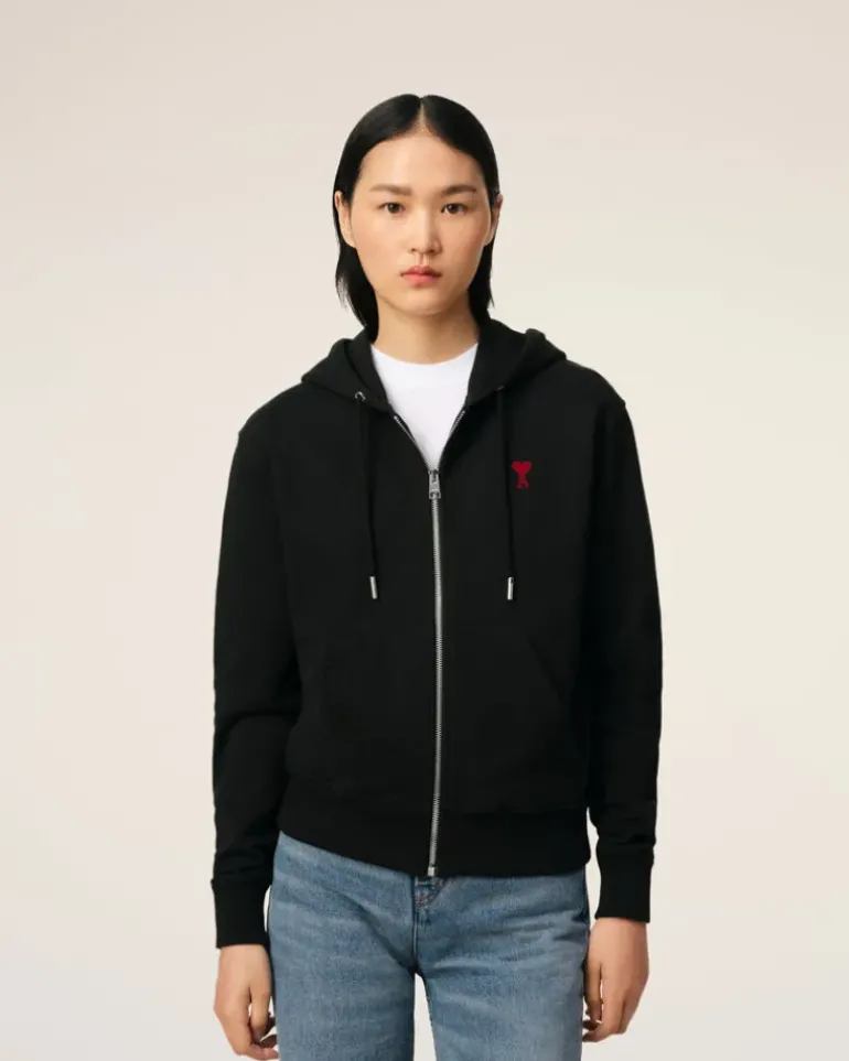 Ami Paris Cotton Ami de Coeur Zipped Hoodie BLACK New