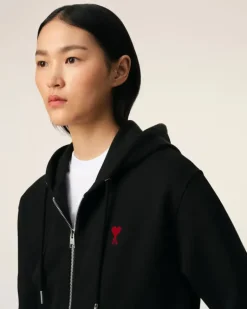 Ami Paris Cotton Ami de Coeur Zipped Hoodie BLACK New