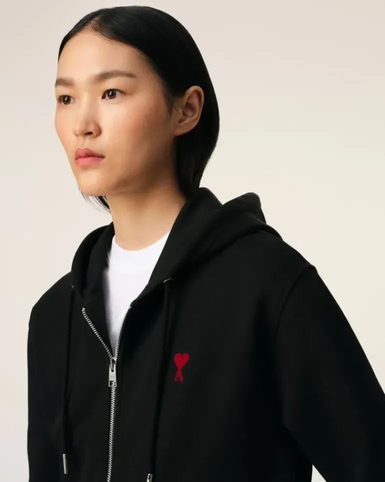 Ami Paris Cotton Ami de Coeur Zipped Hoodie BLACK New