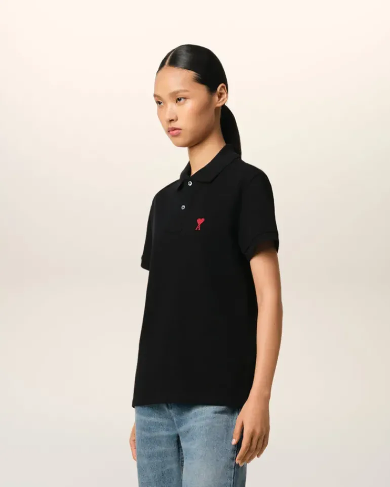 Ami Paris Cotton Ami de Coeur Polo Shirt BLACK Flash Sale