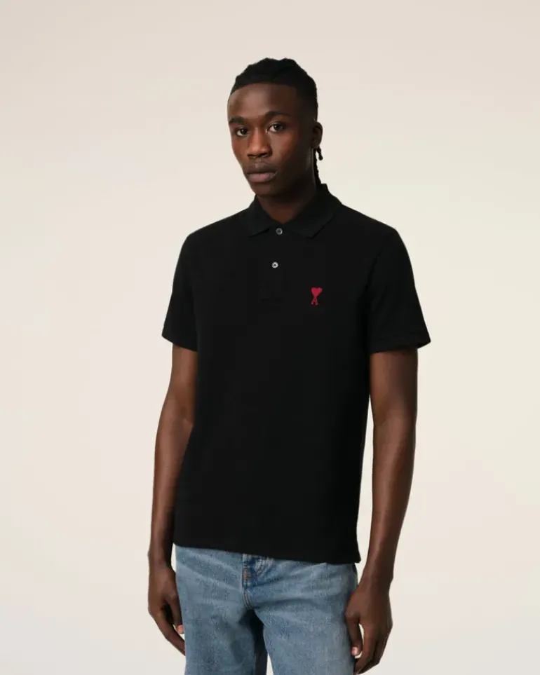 Ami Paris Cotton Ami de Coeur Polo Shirt BLACK Flash Sale