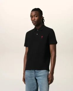 Ami Paris Cotton Ami de Coeur Polo Shirt BLACK Flash Sale