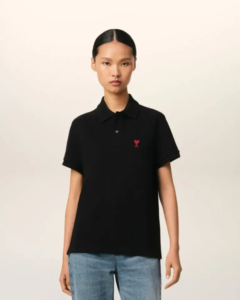 Ami Paris Cotton Ami de Coeur Polo Shirt BLACK Flash Sale