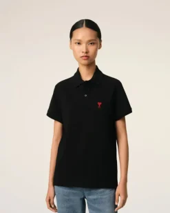 Ami Paris Cotton Ami de Coeur Polo Shirt BLACK Flash Sale