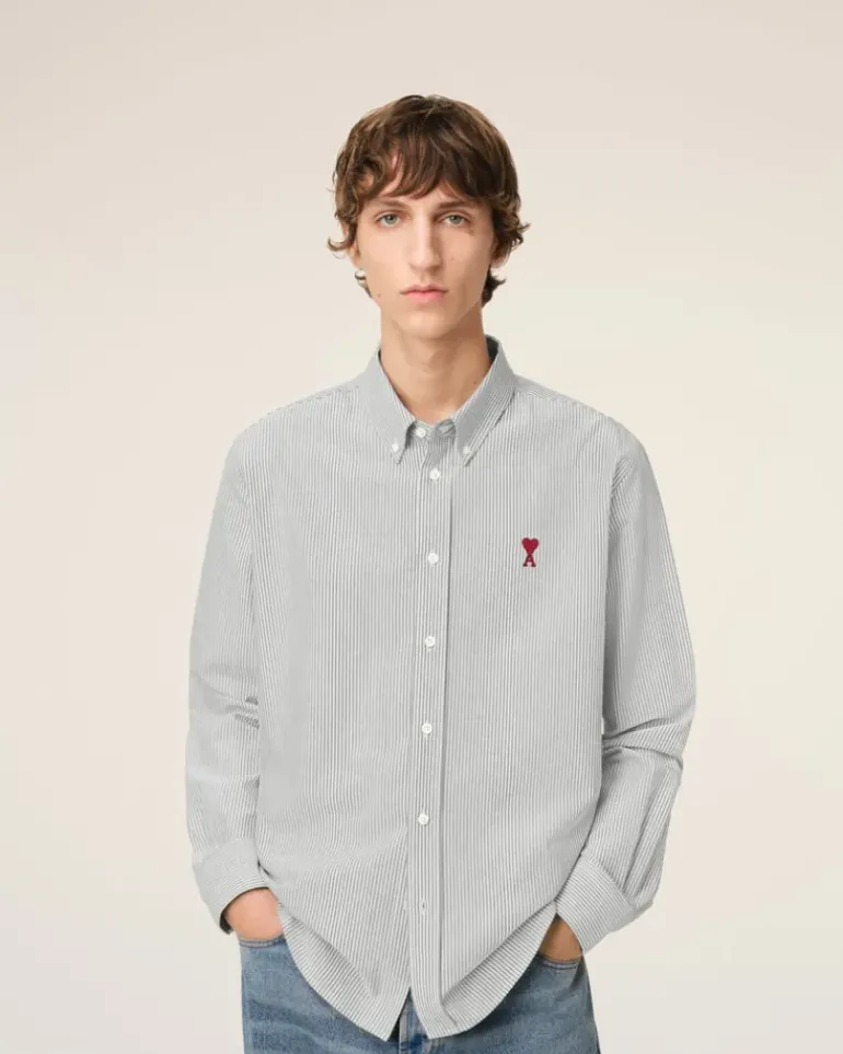 Ami Paris Black Cotton Button-Down Ami de Coeur Shirt BLACK/NATURAL WHITE Shop