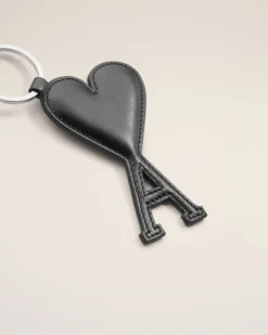 Ami Paris Leather Ami de Coeur Keyring BLACK Best