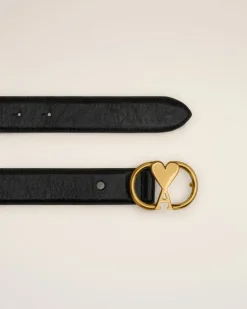 Ami Paris Black Leather Ami de Coeur Belt BLACK/VIBRATED BRASS Online