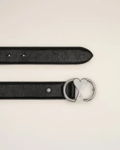 Ami Paris Black Leather Ami de Coeur Belt BLACK/VIBRATED SILVER Discount