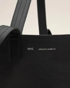 Ami Paris Leather Midi Maxi Tote Bag BLACK Fashion