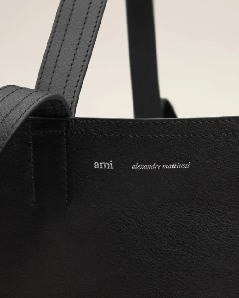 Ami Paris Leather Midi Maxi Tote Bag BLACK Fashion
