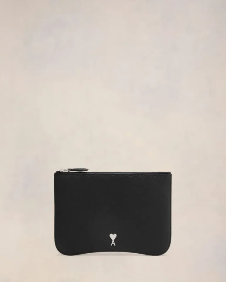 Ami Paris Black Leather Paris Paris Pouch BLACK/VIBRATED SILVER Clearance