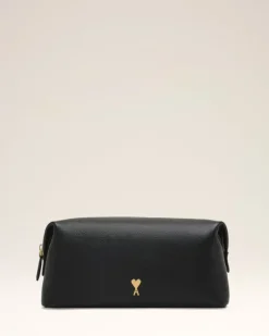 Ami Paris Black Leather Paris Paris Toiletry Pouch BLACK/VIBRATED BRASS Outlet
