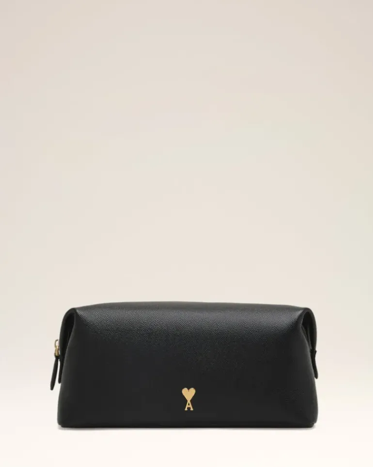 Ami Paris Black Leather Paris Paris Toiletry Pouch BLACK/VIBRATED BRASS Outlet