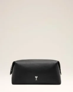 Ami Paris Black Leather Paris Paris Toiletry Pouch BLACK/VIBRATED SILVER Clearance