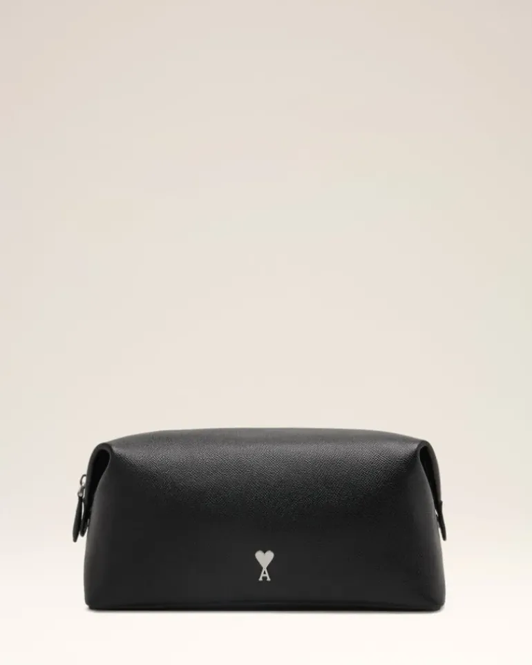 Ami Paris Black Leather Paris Paris Toiletry Pouch BLACK/VIBRATED SILVER Clearance