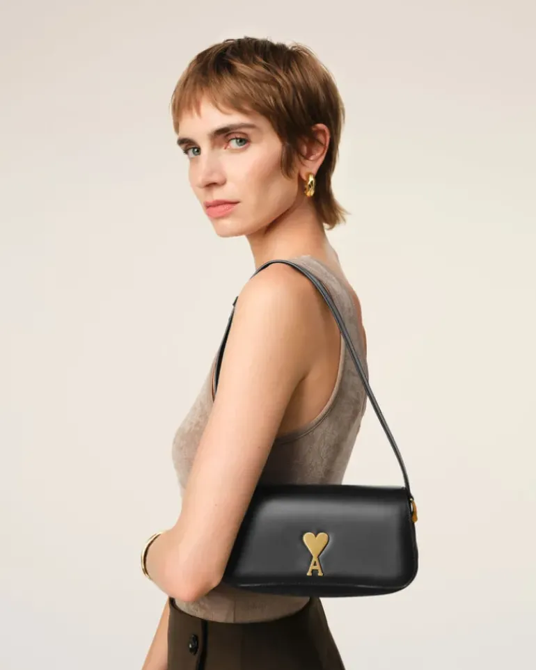 Ami Paris Leather Shoulder Bag Paris Paris Bag BLACK Fashion