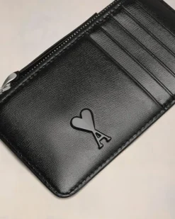 Ami Paris Leather Zipped Card Holder BLACK Hot