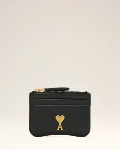 Ami Paris Black Leather Zipped Card Holder BLACK/VIBRATED BRASS Online