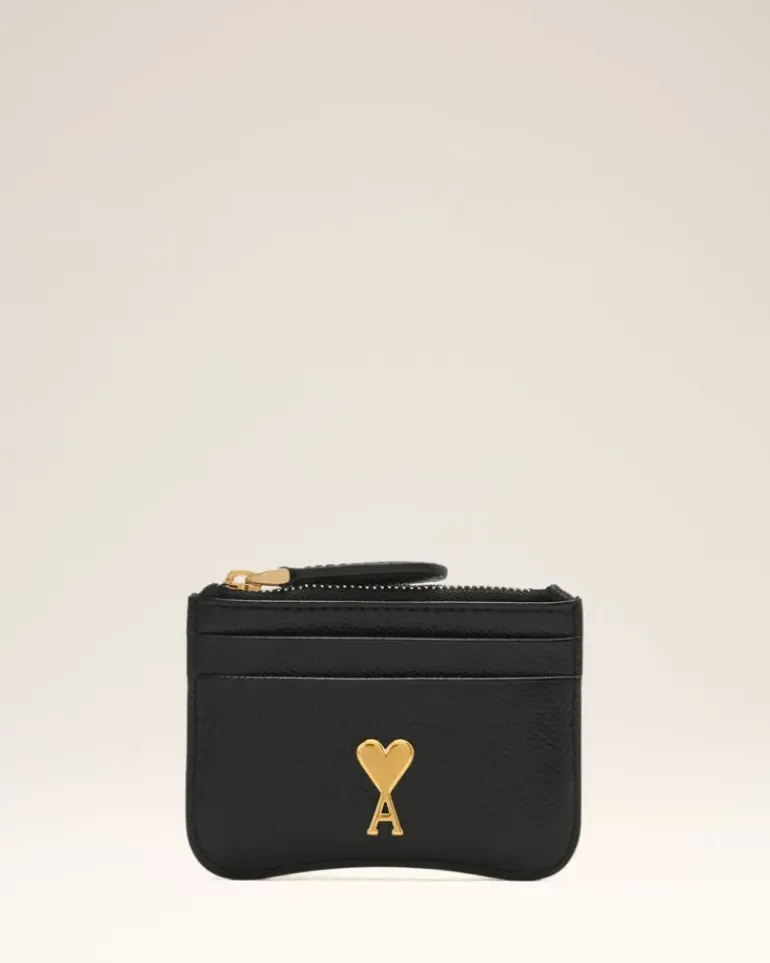 Ami Paris Black Leather Zipped Card Holder BLACK/VIBRATED BRASS Online