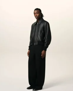 Ami Paris Leather Zipped Jacket BLACK Best Sale