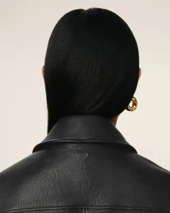 Ami Paris Leather Zipped Jacket BLACK Best Sale