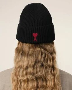 Ami Paris Black Wool Ami de Coeur Beanie BLACK/RED Online