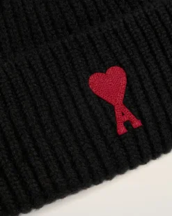 Ami Paris Black Wool Ami de Coeur Beanie BLACK/RED Online