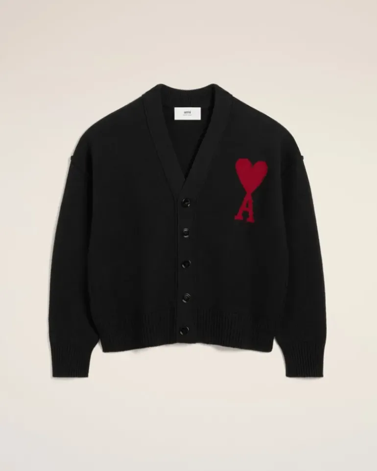 Ami Paris Black Wool Ami de Coeur Cardigan BLACK/RED Best Sale