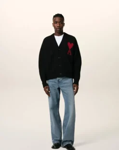 Ami Paris Black Wool Ami de Coeur Cardigan BLACK/RED Best Sale