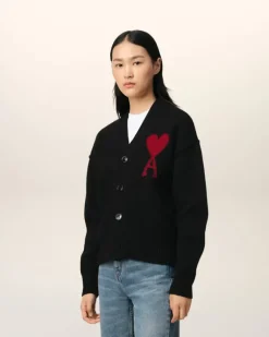 Ami Paris Black Wool Ami de Coeur Cardigan BLACK/RED Best Sale