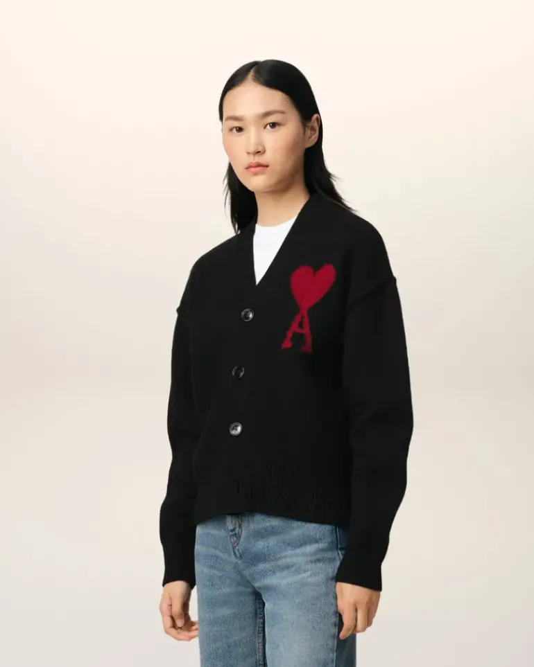 Ami Paris Black Wool Ami de Coeur Cardigan BLACK/RED Best Sale