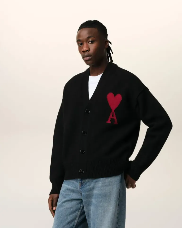 Ami Paris Black Wool Ami de Coeur Cardigan BLACK/RED Best Sale
