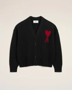 Ami Paris Black Wool Ami de Coeur Cardigan BLACK/RED Best Sale