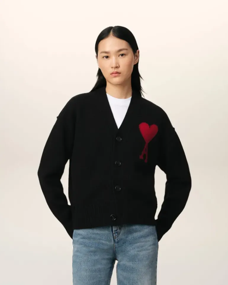 Ami Paris Black Wool Ami de Coeur Cardigan BLACK/RED Best Sale