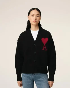Ami Paris Black Wool Ami de Coeur Cardigan BLACK/RED Best Sale