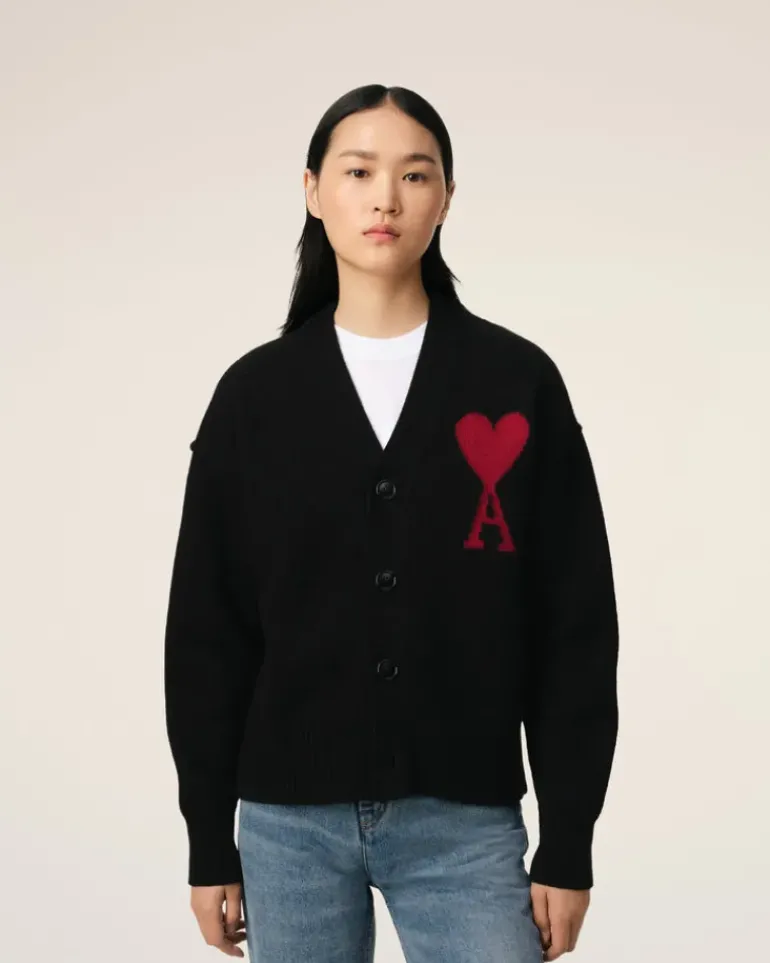 Ami Paris Black Wool Ami de Coeur Cardigan BLACK/RED Best Sale