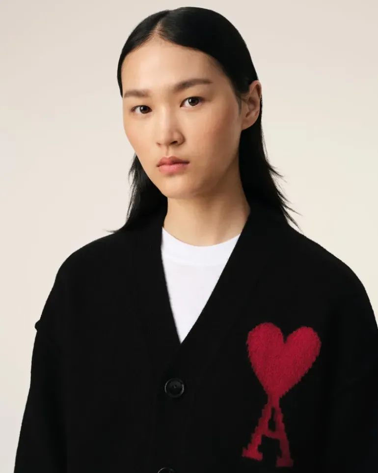 Ami Paris Black Wool Ami de Coeur Cardigan BLACK/RED Best Sale