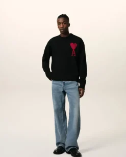 Ami Paris Black Wool Ami de Coeur Sweater BLACK/RED Cheap