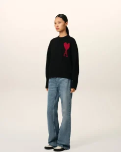 Ami Paris Black Wool Ami de Coeur Sweater BLACK/RED Cheap