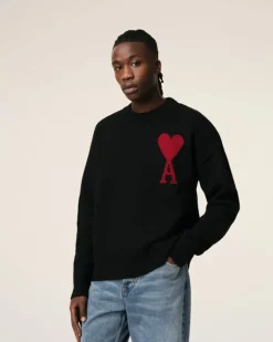 Ami Paris Black Wool Ami de Coeur Sweater BLACK/RED Cheap