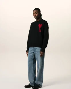 Ami Paris Black Wool Ami de Coeur Sweater BLACK/RED Cheap