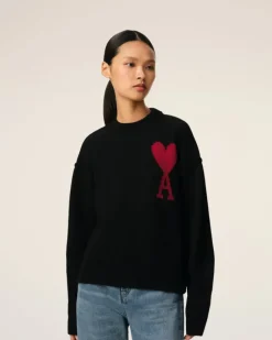 Ami Paris Black Wool Ami de Coeur Sweater BLACK/RED Cheap