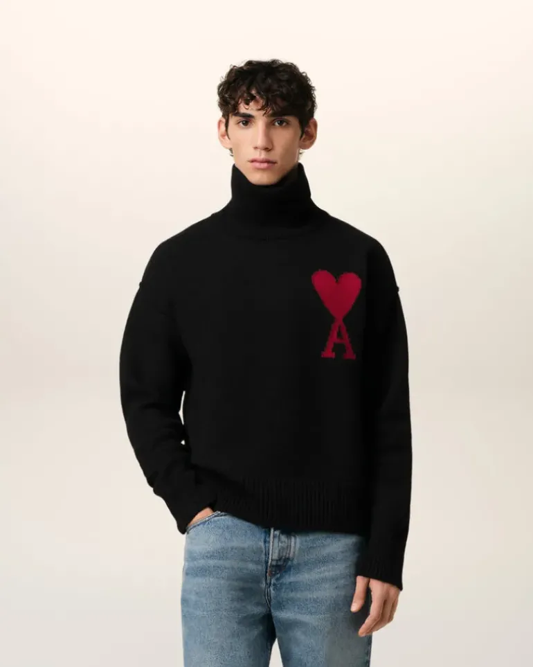 Ami Paris Black Wool Ami de Coeur Sweater BLACK/RED Cheap