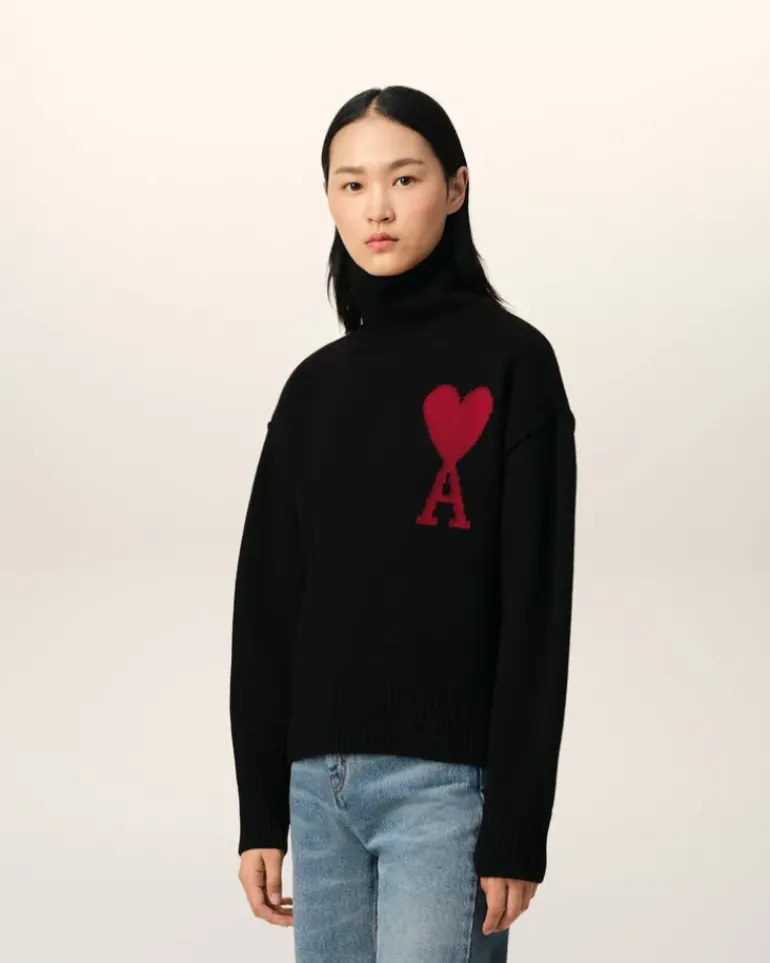 Ami Paris Black Wool Ami de Coeur Sweater BLACK/RED Cheap