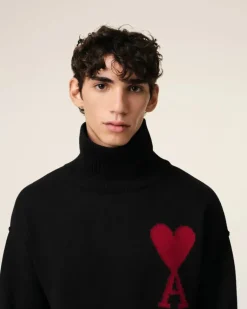 Ami Paris Black Wool Ami de Coeur Sweater BLACK/RED Cheap