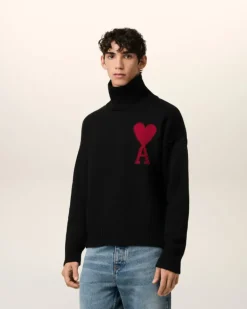 Ami Paris Black Wool Ami de Coeur Sweater BLACK/RED Cheap