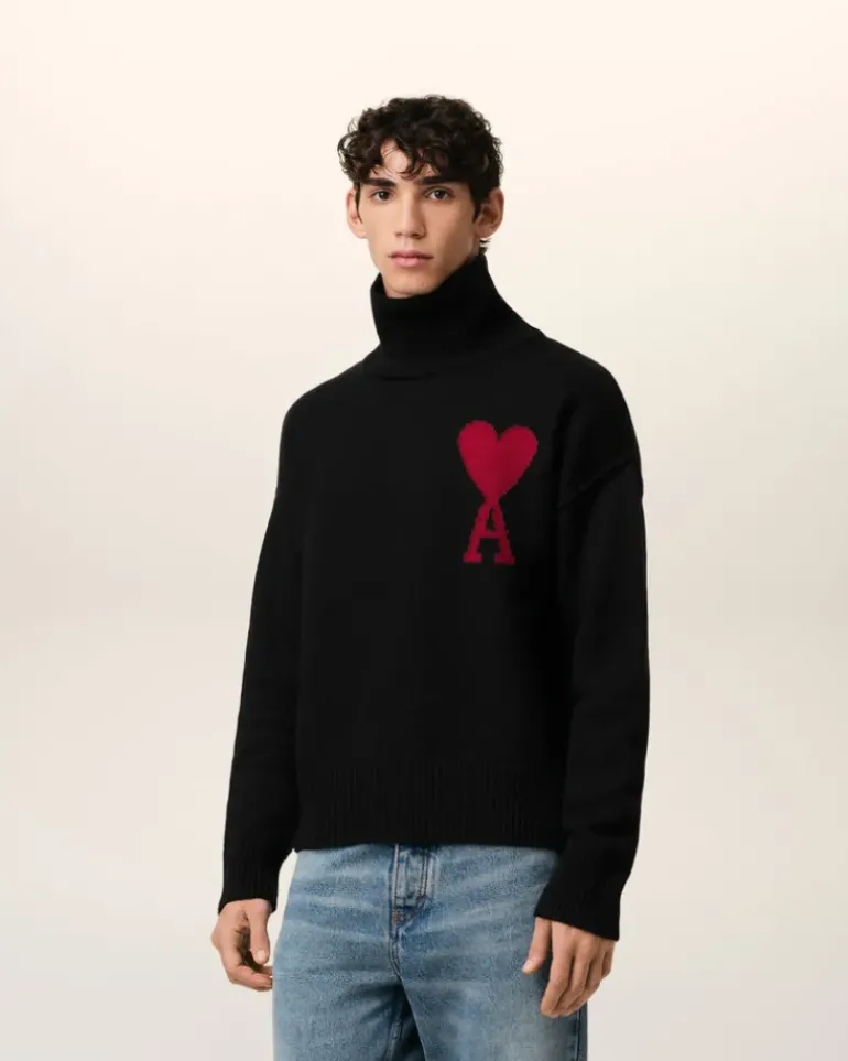 Ami Paris Black Wool Ami de Coeur Sweater BLACK/RED Cheap
