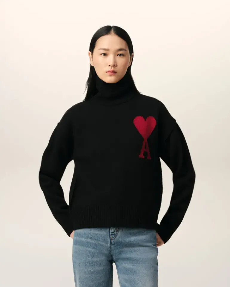 Ami Paris Black Wool Ami de Coeur Sweater BLACK/RED Cheap