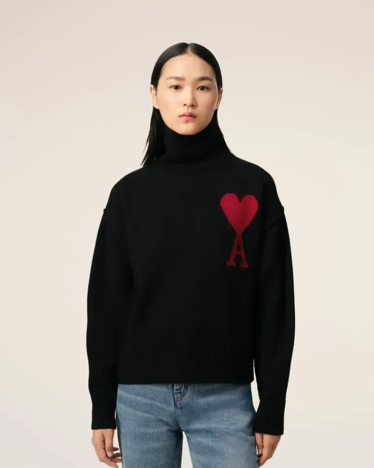 Ami Paris Black Wool Ami de Coeur Sweater BLACK/RED Cheap